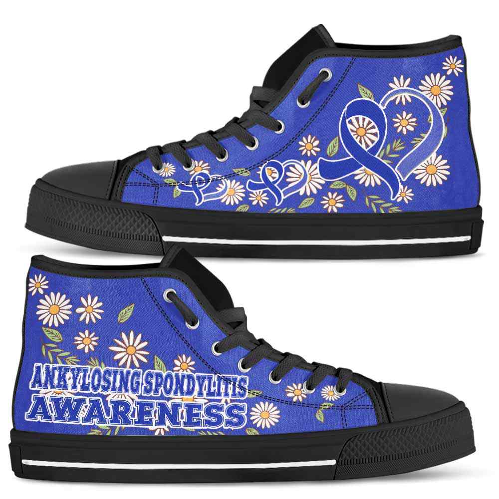 HTS-U-Awareness-DaisyRibbonColorfulBG-Ankylosing_Spondylitis-3@ Daisy Ribbon Colorful BG Ankylosing Spondylitis 3-Ankylosing Spondylitis Awareness Daisy Ribbon High Top Shoes Women Men. Fighter Survivor Gift.