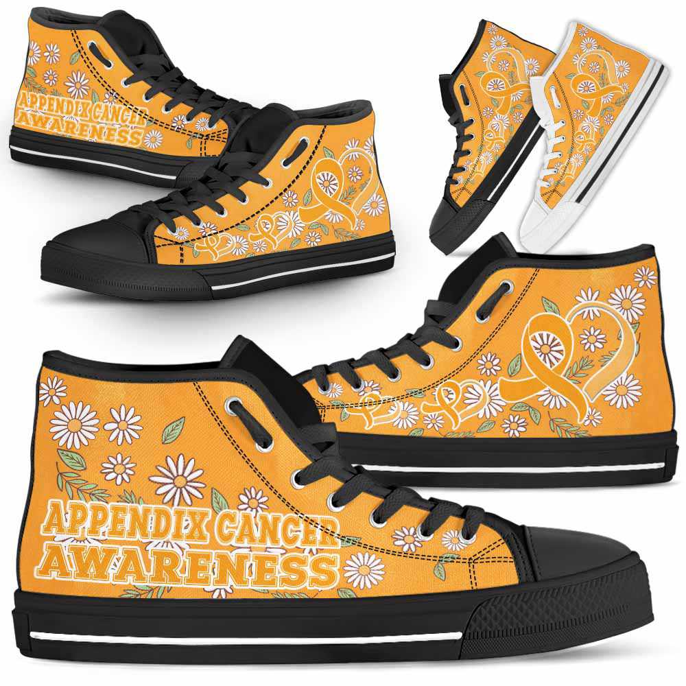 HTS-U-Awareness-DaisyRibbonColorfulBG-Appendix_Cancer-4@ Daisy Ribbon Colorful BG Appendix Cancer 4-Appendix Cancer Awareness Daisy Ribbon High Top Shoes Women Men. Fighter Survivor Gift.