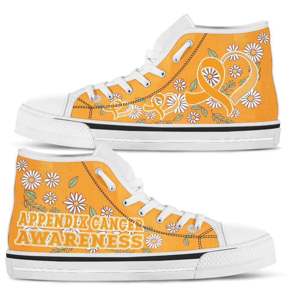 HTS-U-Awareness-DaisyRibbonColorfulBG-Appendix_Cancer-4@ Daisy Ribbon Colorful BG Appendix Cancer 4-Appendix Cancer Awareness Daisy Ribbon High Top Shoes Women Men. Fighter Survivor Gift.