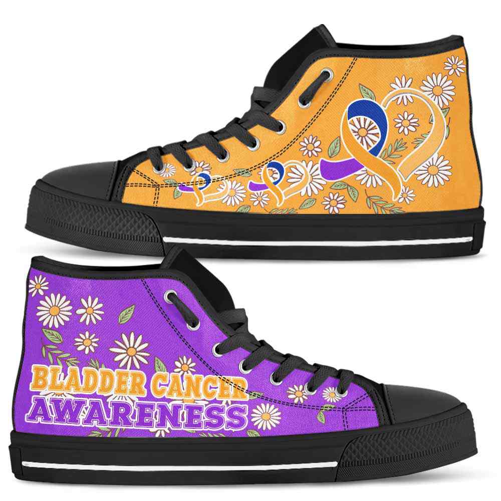 HTS-U-Awareness-DaisyRibbonColorfulBG-Bladder_Cancer-7@ Daisy Ribbon Colorful BG Bladder Cancer 7-Bladder Cancer Awareness Daisy Ribbon High Top Shoes Women Men. Fighter Survivor Gift.