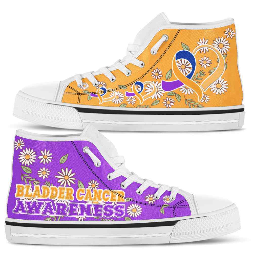 HTS-U-Awareness-DaisyRibbonColorfulBG-Bladder_Cancer-7@ Daisy Ribbon Colorful BG Bladder Cancer 7-Bladder Cancer Awareness Daisy Ribbon High Top Shoes Women Men. Fighter Survivor Gift.