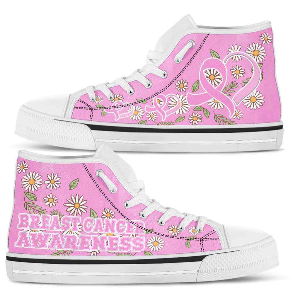 HTS-U-Awareness-DaisyRibbonColorfulBG-Breast_Cancer-9@ Daisy Ribbon Colorful BG Breast Cancer 9-Breast Cancer Awareness Daisy Ribbon High Top Shoes Women Men. Fighter Survivor Gift.