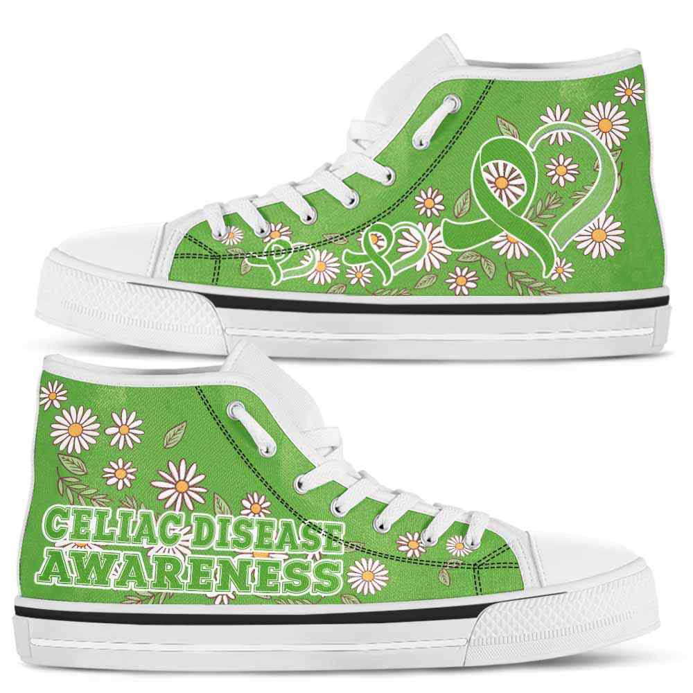 HTS-U-Awareness-DaisyRibbonColorfulBG-Celiac_Disease-11@ Daisy Ribbon Colorful BG Celiac Disease 11-Celiac Disease Awareness Daisy Ribbon High Top Shoes Women Men. Fighter Survivor Gift.