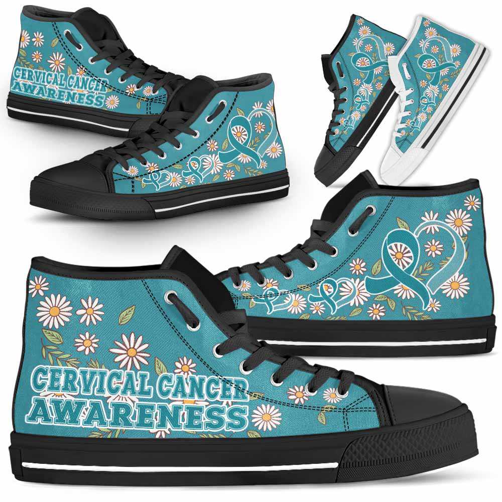 HTS-U-Awareness-DaisyRibbonColorfulBG-Cervical_Cancer-13@ Daisy Ribbon Colorful BG Cervical Cancer 13-Cervical Cancer Awareness Daisy Ribbon High Top Shoes Women Men. Fighter Survivor Gift.