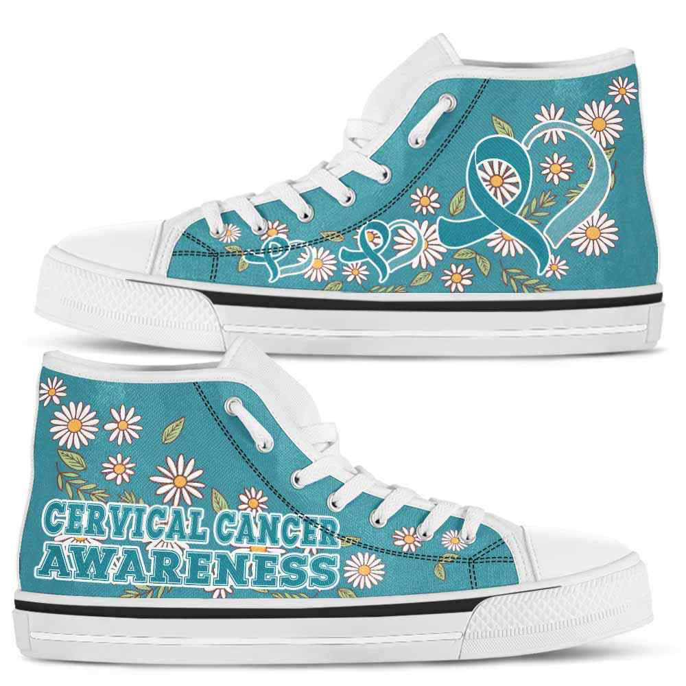 HTS-U-Awareness-DaisyRibbonColorfulBG-Cervical_Cancer-13@ Daisy Ribbon Colorful BG Cervical Cancer 13-Cervical Cancer Awareness Daisy Ribbon High Top Shoes Women Men. Fighter Survivor Gift.