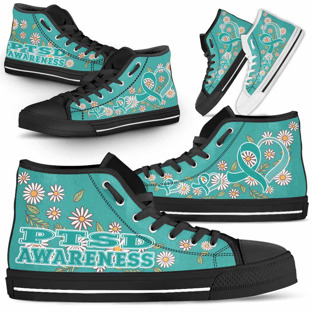 HTS-U-Awareness-DaisyRibbonColorfulBG-PTSD-35@ Daisy Ribbon Colorful BG PTSD 35-Ptsd Post Traumatic Stress Disorder Awareness Daisy Ribbon High Top Shoes. Fighter Survivor Gift.