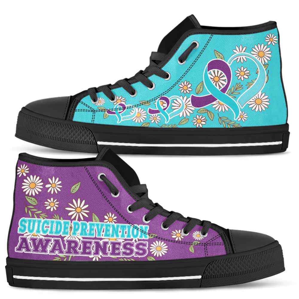 HTS-U-Awareness-DaisyRibbonColorfulBG-Suicide_Prevention-40@ Daisy Ribbon Colorful BG Suicide Prevention 40-Suicide Prevention Awareness Daisy Ribbon High Top Shoes Women Men. Fighter Survivor Gift.