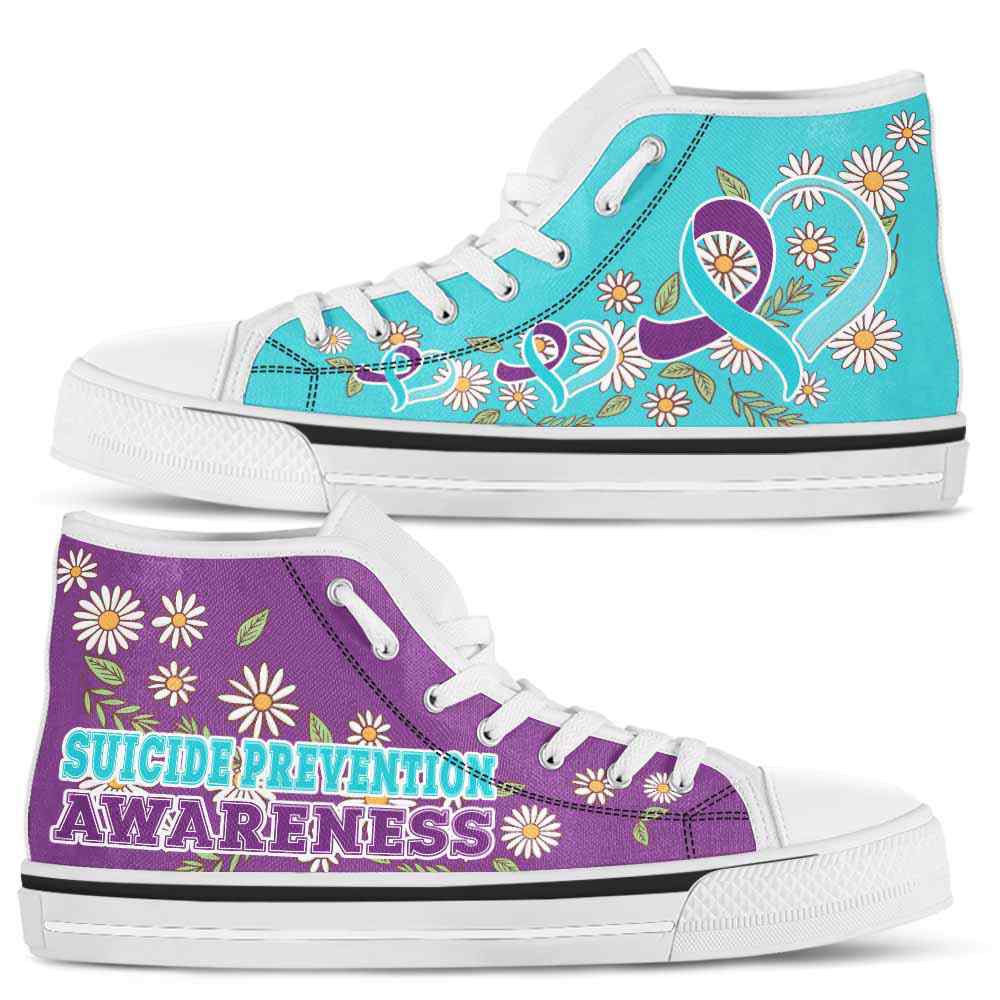 HTS-U-Awareness-DaisyRibbonColorfulBG-Suicide_Prevention-40@ Daisy Ribbon Colorful BG Suicide Prevention 40-Suicide Prevention Awareness Daisy Ribbon High Top Shoes Women Men. Fighter Survivor Gift.