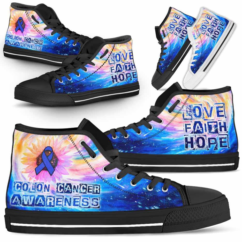 HTS-U-Awareness-GalaxyRibbonSunflower-ColCan-14-Colon Cancer Colorectal Cancer Awareness Ribbon Galaxy Canvas Shoes High Top Shoes Women Men. Gift For Fighter Survivor.
