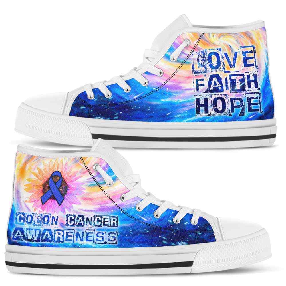 HTS-U-Awareness-GalaxyRibbonSunflower-ColCan-14-Colon Cancer Colorectal Cancer Awareness Ribbon Galaxy Canvas Shoes High Top Shoes Women Men. Gift For Fighter Survivor.