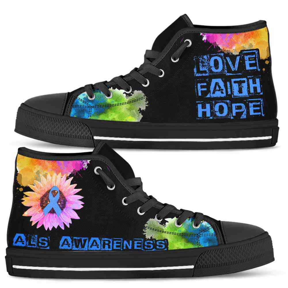 HTS-U-Awareness-LoveFaithHopeWatercolor-ALS-1@ Love Faith Hope Watercolor ALS 1-Als Amyotrophic Lateral Sclerosis Awareness Ribbon Watercolor High Top Shoes. Fighter Survivor Gift.
