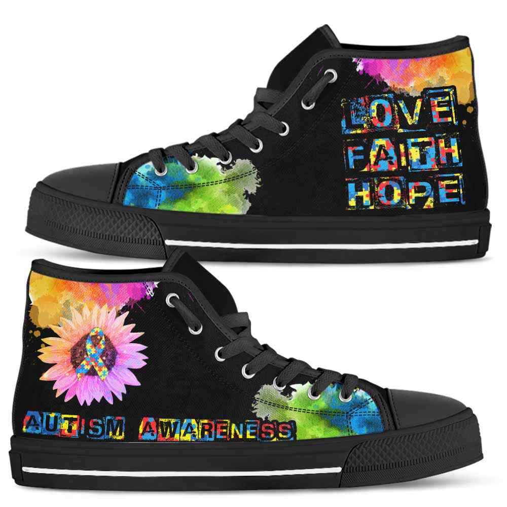 HTS-U-Awareness-LoveFaithHopeWatercolor-Autism-5@ Love Faith Hope Watercolor Autism 5-Autism Awareness Ribbon Watercolor High Top Shoes. Faith Hope Love Fighter Survivor Gift.