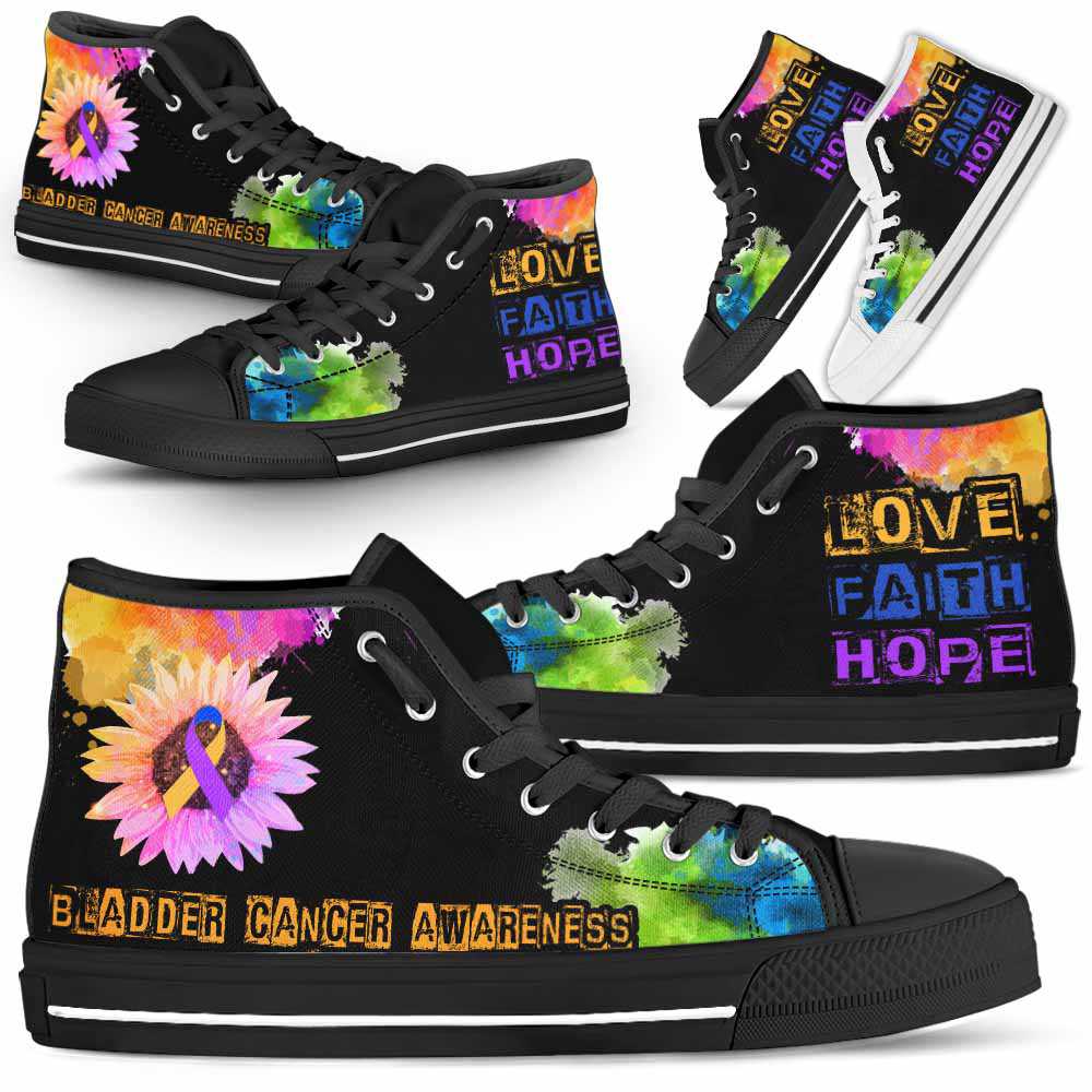 HTS-U-Awareness-LoveFaithHopeWatercolor-Bladder_Cancer-7@ Love Faith Hope Watercolor Bladder Cancer 7-Bladder Cancer Awareness Ribbon Watercolor High Top Shoes. Faith Hope Love Fighter Survivor Gift.