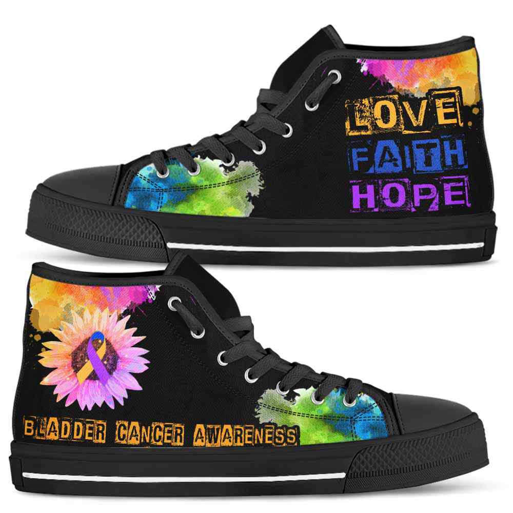 HTS-U-Awareness-LoveFaithHopeWatercolor-Bladder_Cancer-7@ Love Faith Hope Watercolor Bladder Cancer 7-Bladder Cancer Awareness Ribbon Watercolor High Top Shoes. Faith Hope Love Fighter Survivor Gift.