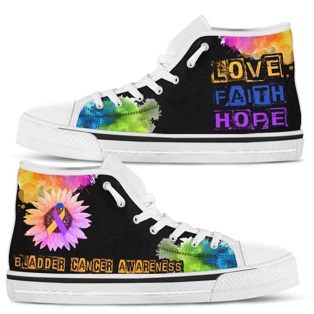 HTS-U-Awareness-LoveFaithHopeWatercolor-Bladder_Cancer-7@ Love Faith Hope Watercolor Bladder Cancer 7-Bladder Cancer Awareness Ribbon Watercolor High Top Shoes. Faith Hope Love Fighter Survivor Gift.