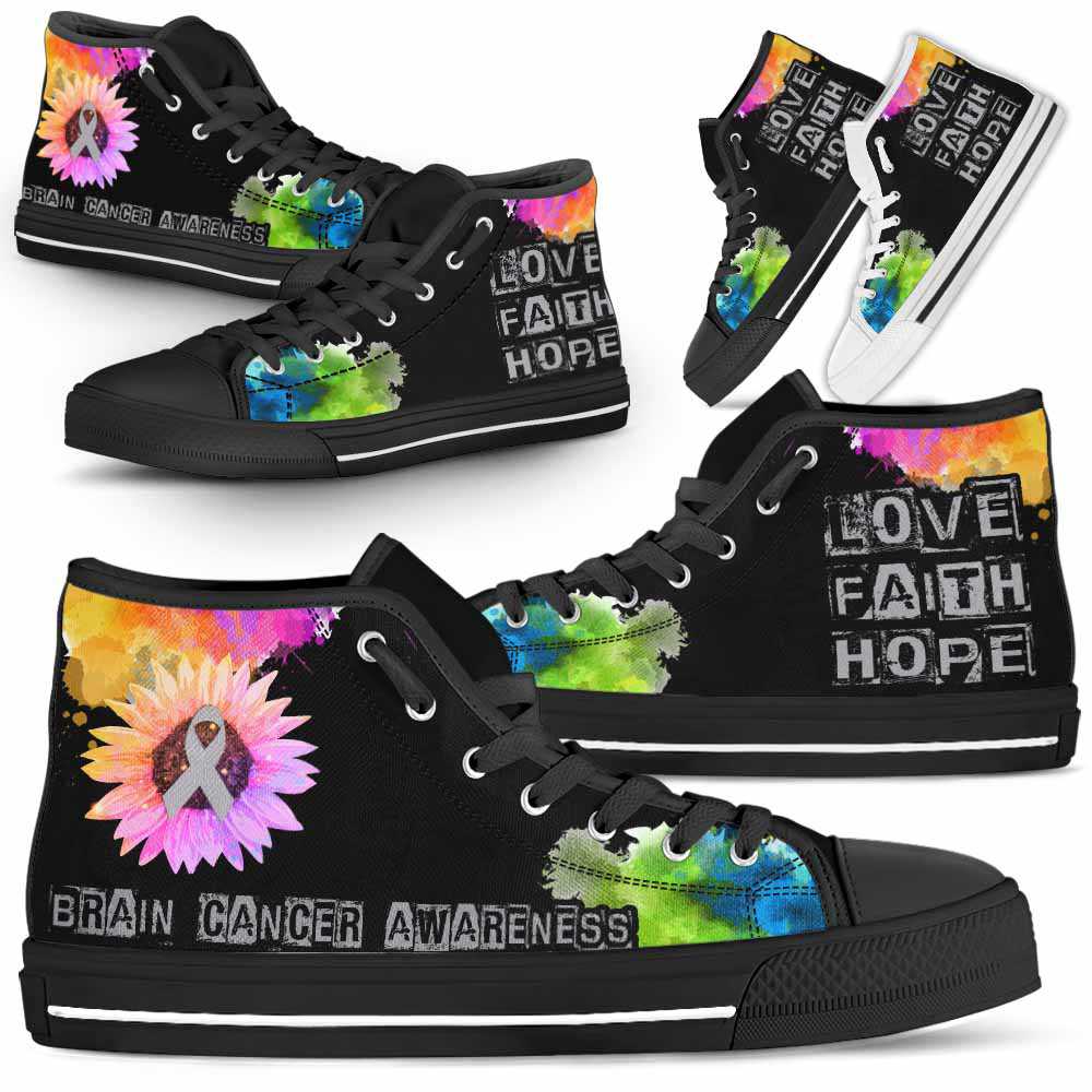 HTS-U-Awareness-LoveFaithHopeWatercolor-Brain_Cancer-8@ Love Faith Hope Watercolor Brain Cancer 8-Brain Cancer Brain Tum Awareness Ribbon Watercolor High Top Shoes. Faith Hope Fighter Survivor Gift.