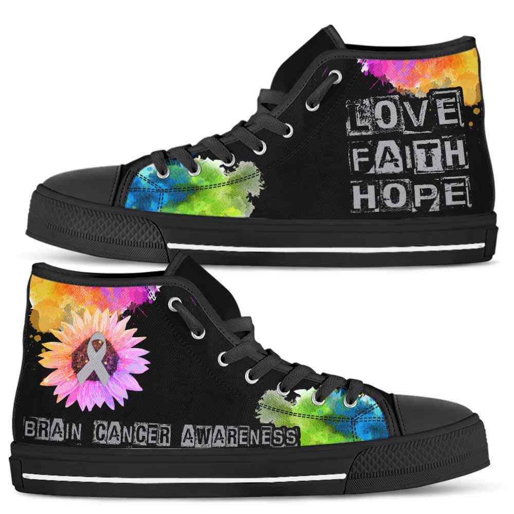 HTS-U-Awareness-LoveFaithHopeWatercolor-Brain_Cancer-8@ Love Faith Hope Watercolor Brain Cancer 8-Brain Cancer Brain Tum Awareness Ribbon Watercolor High Top Shoes. Faith Hope Fighter Survivor Gift.