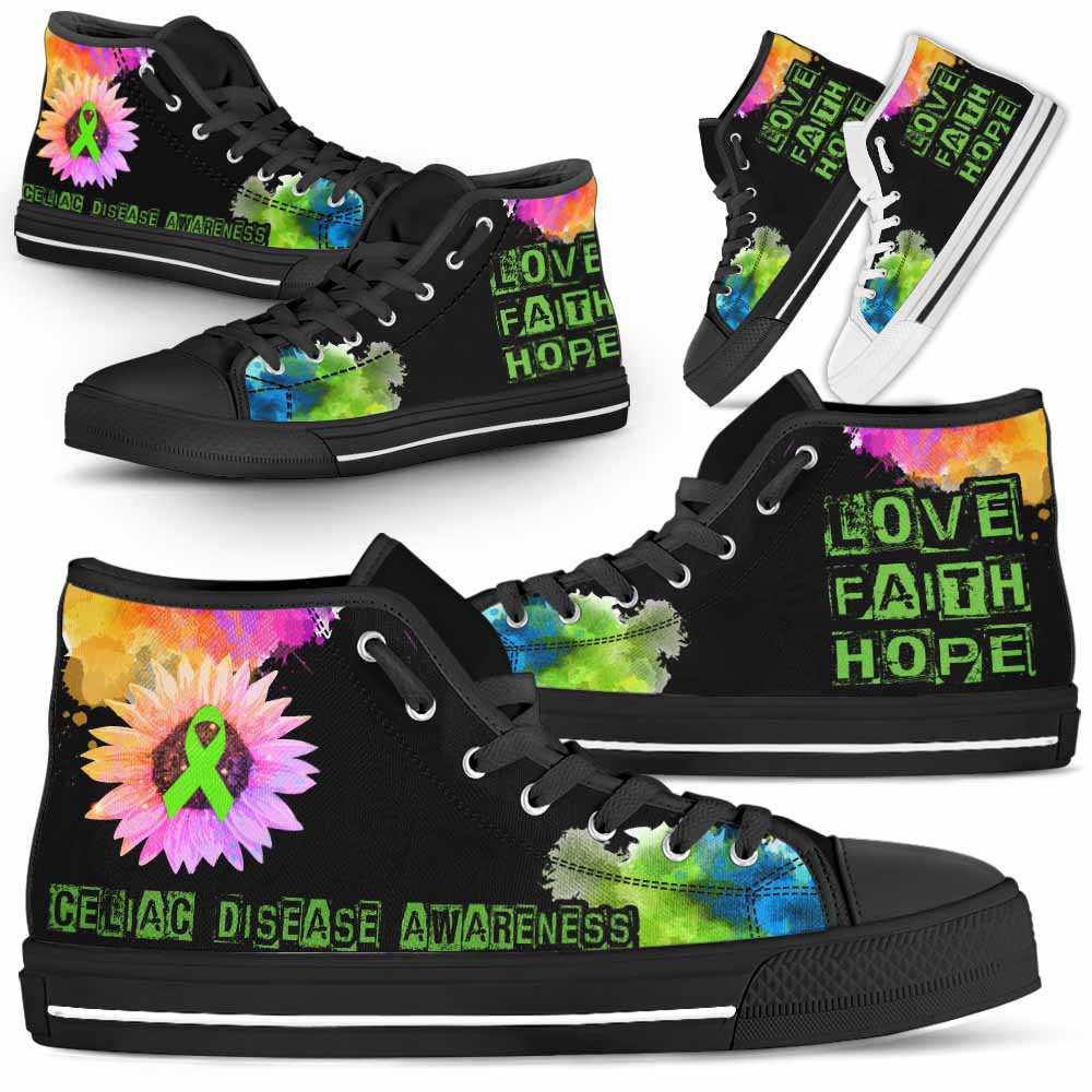 HTS-U-Awareness-LoveFaithHopeWatercolor-Celiac_Disease-11@ Love Faith Hope Watercolor Celiac Disease 11-Celiac Disease Awareness Ribbon Watercolor High Top Shoes. Faith Hope Love Fighter Survivor Gift.