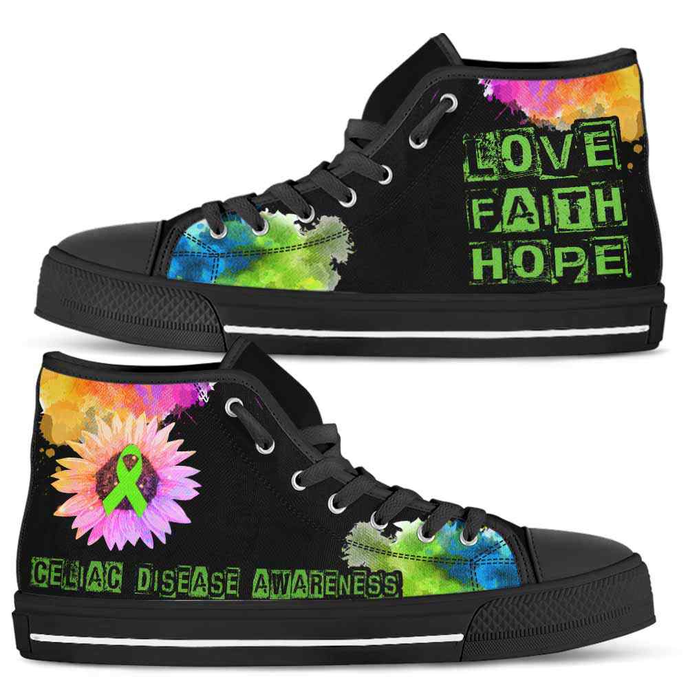 HTS-U-Awareness-LoveFaithHopeWatercolor-Celiac_Disease-11@ Love Faith Hope Watercolor Celiac Disease 11-Celiac Disease Awareness Ribbon Watercolor High Top Shoes. Faith Hope Love Fighter Survivor Gift.