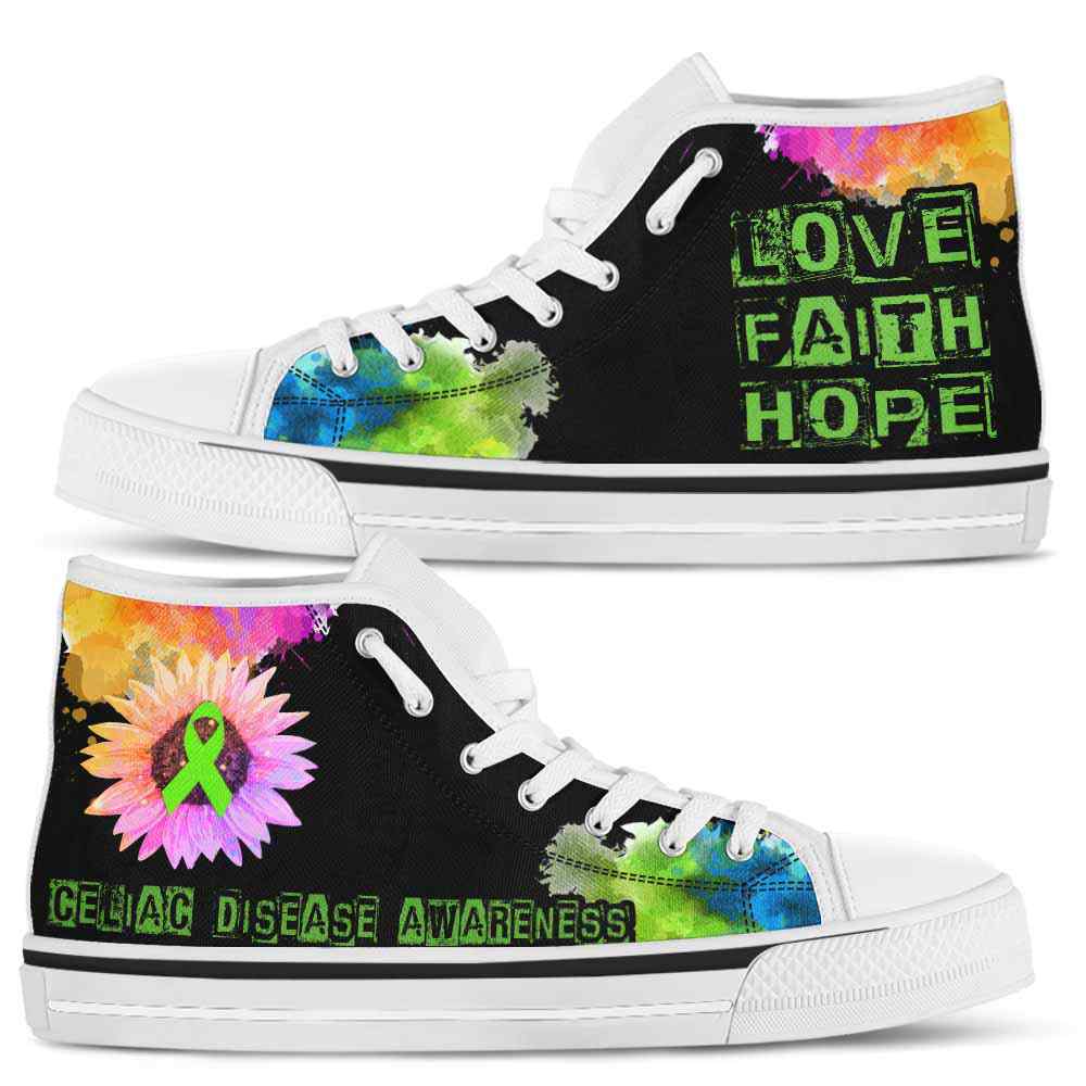 HTS-U-Awareness-LoveFaithHopeWatercolor-Celiac_Disease-11@ Love Faith Hope Watercolor Celiac Disease 11-Celiac Disease Awareness Ribbon Watercolor High Top Shoes. Faith Hope Love Fighter Survivor Gift.