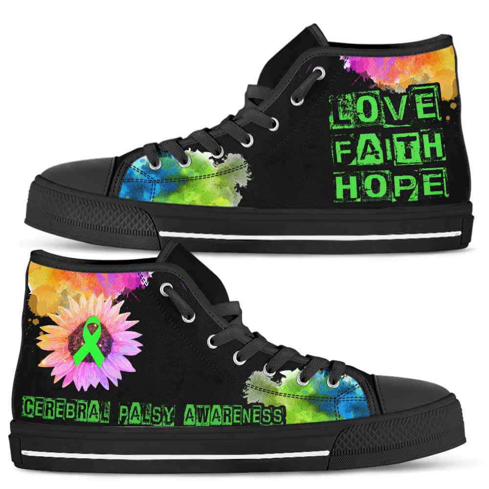 HTS-U-Awareness-LoveFaithHopeWatercolor-Cerebral_Palsy-12@ Love Faith Hope Watercolor Cerebral Palsy 12-Cerebral Palsy Awareness Ribbon Watercolor High Top Shoes. Faith Hope Love Fighter Survivor Gift.