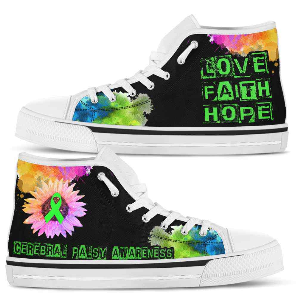 HTS-U-Awareness-LoveFaithHopeWatercolor-Cerebral_Palsy-12@ Love Faith Hope Watercolor Cerebral Palsy 12-Cerebral Palsy Awareness Ribbon Watercolor High Top Shoes. Faith Hope Love Fighter Survivor Gift.