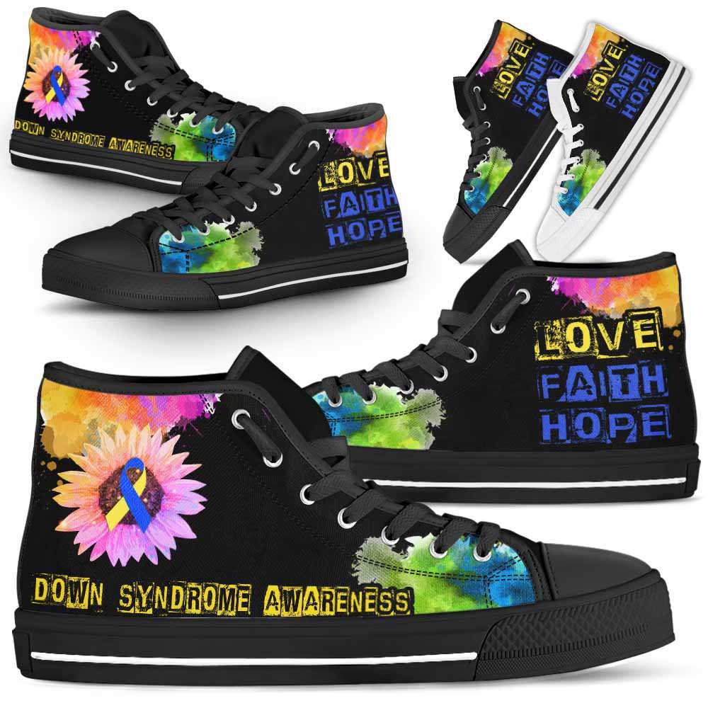 HTS-U-Awareness-LoveFaithHopeWatercolor-Down_Syndrome-18@ Love Faith Hope Watercolor Down Syndrome 18-Down Syndrome Awareness Ribbon Watercolor High Top Shoes. Faith Hope Love Fighter Survivor Gift.