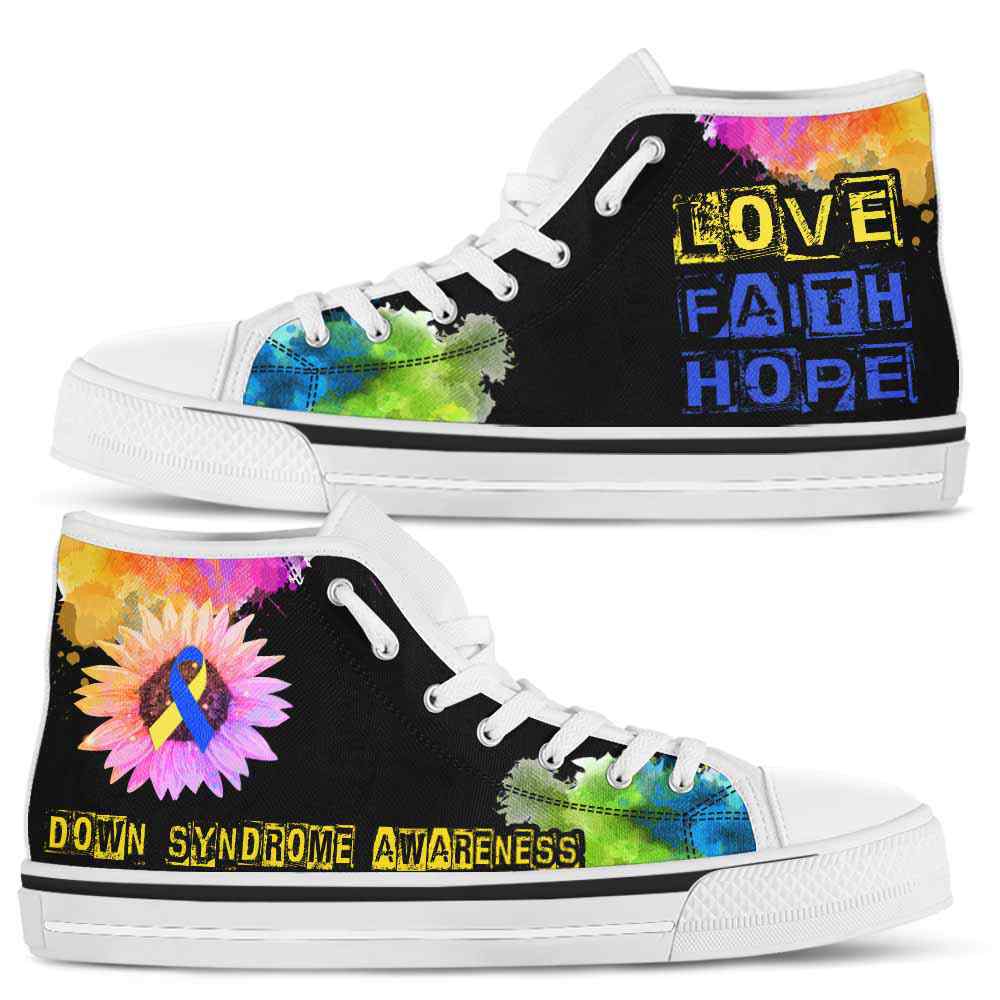 HTS-U-Awareness-LoveFaithHopeWatercolor-Down_Syndrome-18@ Love Faith Hope Watercolor Down Syndrome 18-Down Syndrome Awareness Ribbon Watercolor High Top Shoes. Faith Hope Love Fighter Survivor Gift.