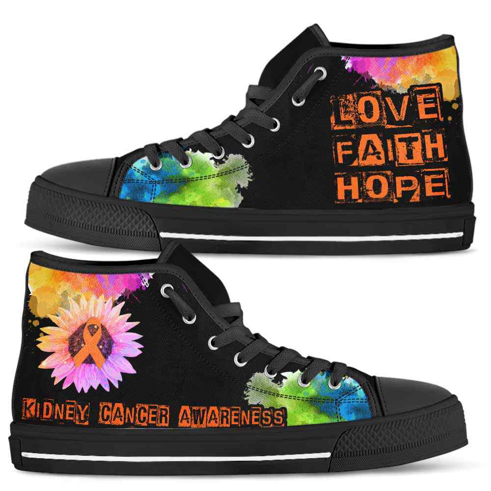 HTS-U-Awareness-LoveFaithHopeWatercolor-Kidney_Cancer-24@ Love Faith Hope Watercolor Kidney Cancer 24-Kidney Cancer Awareness Ribbon Watercolor High Top Shoes. Faith Hope Love Fighter Survivor Gift.