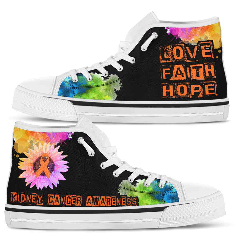 HTS-U-Awareness-LoveFaithHopeWatercolor-Kidney_Cancer-24@ Love Faith Hope Watercolor Kidney Cancer 24-Kidney Cancer Awareness Ribbon Watercolor High Top Shoes. Faith Hope Love Fighter Survivor Gift.