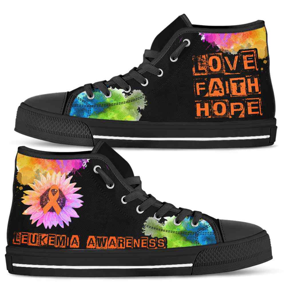HTS-U-Awareness-LoveFaithHopeWatercolor-Leukemia-25@ Love Faith Hope Watercolor Leukemia 25-Leukemia Awareness Ribbon Watercolor High Top Shoes. Faith Hope Love Fighter Survivor Gift.