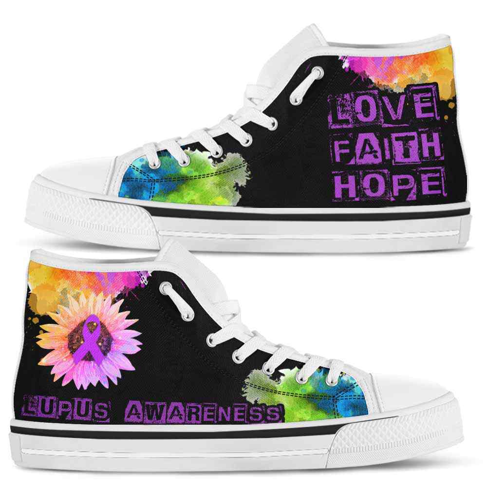 HTS-U-Awareness-LoveFaithHopeWatercolor-Lupus-27@ Love Faith Hope Watercolor Lupus 27-Lupus Awareness Ribbon Watercolor High Top Shoes. Faith Hope Love Fighter Survivor Gift.