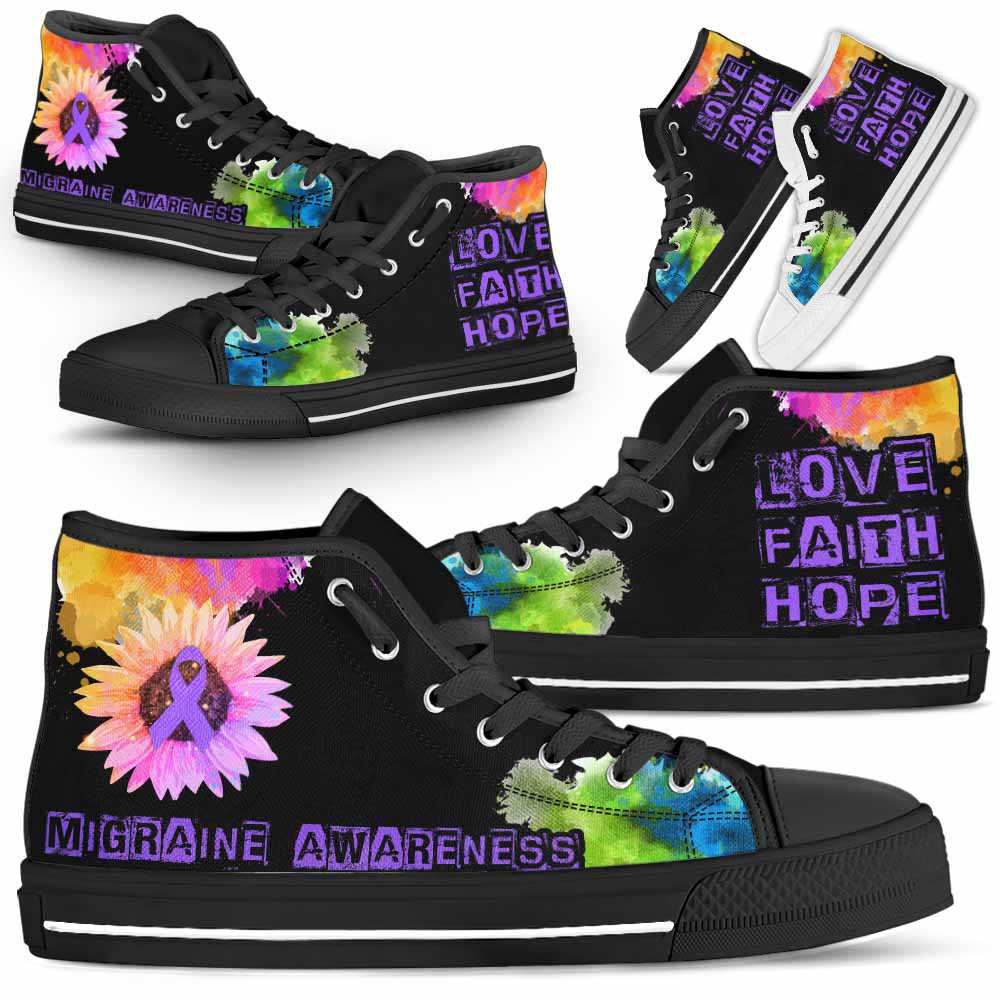 HTS-U-Awareness-LoveFaithHopeWatercolor-Migraine-29@ Love Faith Hope Watercolor Migraine 29-Migraine Awareness Ribbon Watercolor High Top Shoes. Faith Hope Love Fighter Survivor Gift.