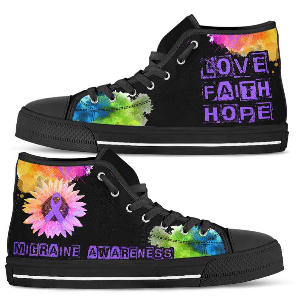 HTS-U-Awareness-LoveFaithHopeWatercolor-Migraine-29@ Love Faith Hope Watercolor Migraine 29-Migraine Awareness Ribbon Watercolor High Top Shoes. Faith Hope Love Fighter Survivor Gift.