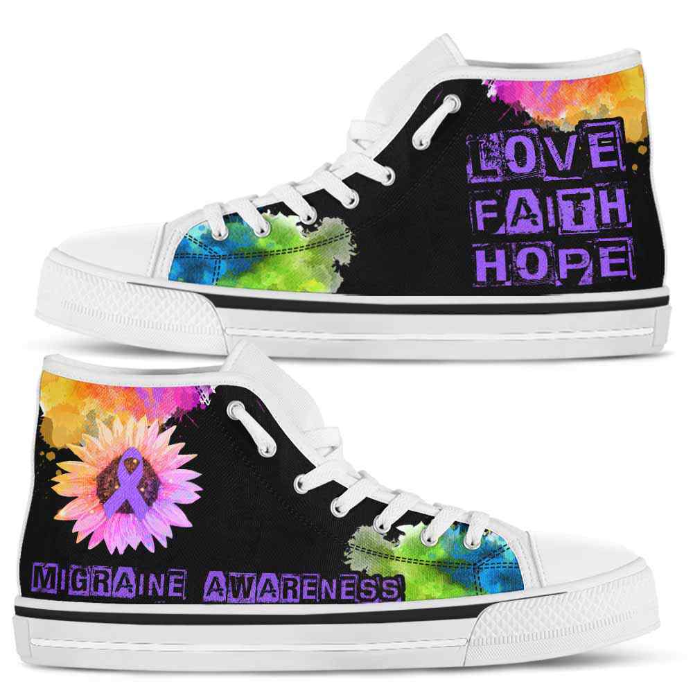 HTS-U-Awareness-LoveFaithHopeWatercolor-Migraine-29@ Love Faith Hope Watercolor Migraine 29-Migraine Awareness Ribbon Watercolor High Top Shoes. Faith Hope Love Fighter Survivor Gift.