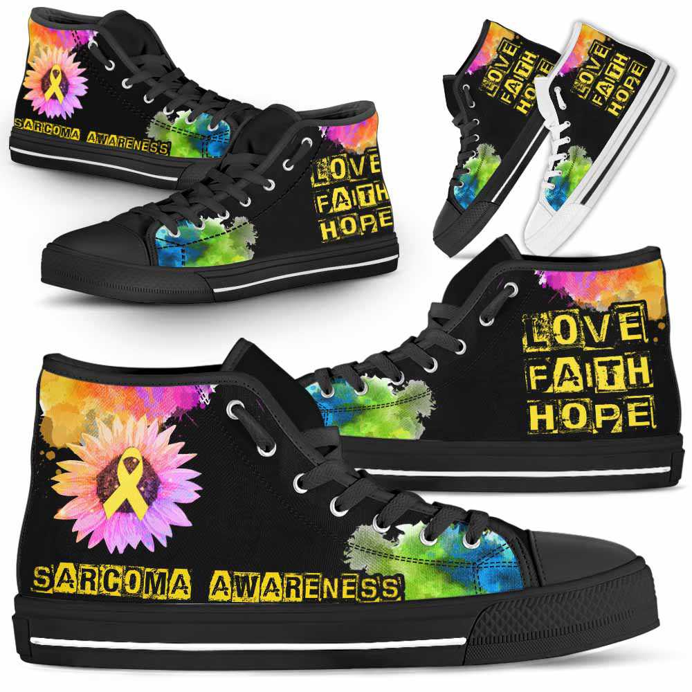 HTS-U-Awareness-LoveFaithHopeWatercolor-Sarcoma-38@ Love Faith Hope Watercolor Sarcoma 38-Sarcoma Awareness Ribbon Watercolor High Top Shoes. Faith Hope Love Fighter Survivor Gift.