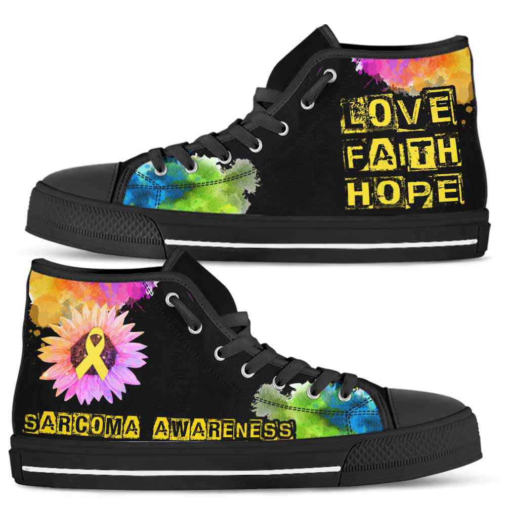 HTS-U-Awareness-LoveFaithHopeWatercolor-Sarcoma-38@ Love Faith Hope Watercolor Sarcoma 38-Sarcoma Awareness Ribbon Watercolor High Top Shoes. Faith Hope Love Fighter Survivor Gift.