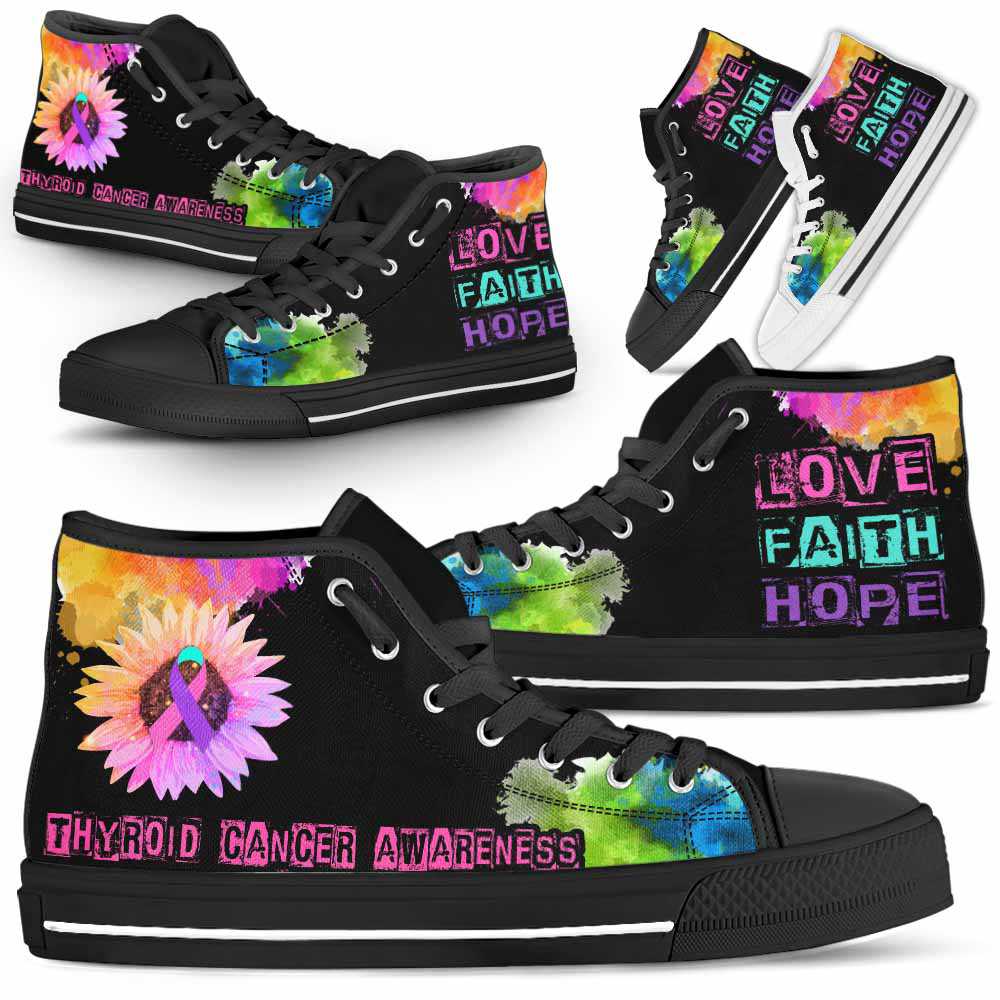 HTS-U-Awareness-LoveFaithHopeWatercolor-Thyroid_Cancer-41@ Love Faith Hope Watercolor Thyroid Cancer 41-Thyroid Cancer Awareness Ribbon Watercolor High Top Shoes. Faith Hope Love Fighter Survivor Gift.