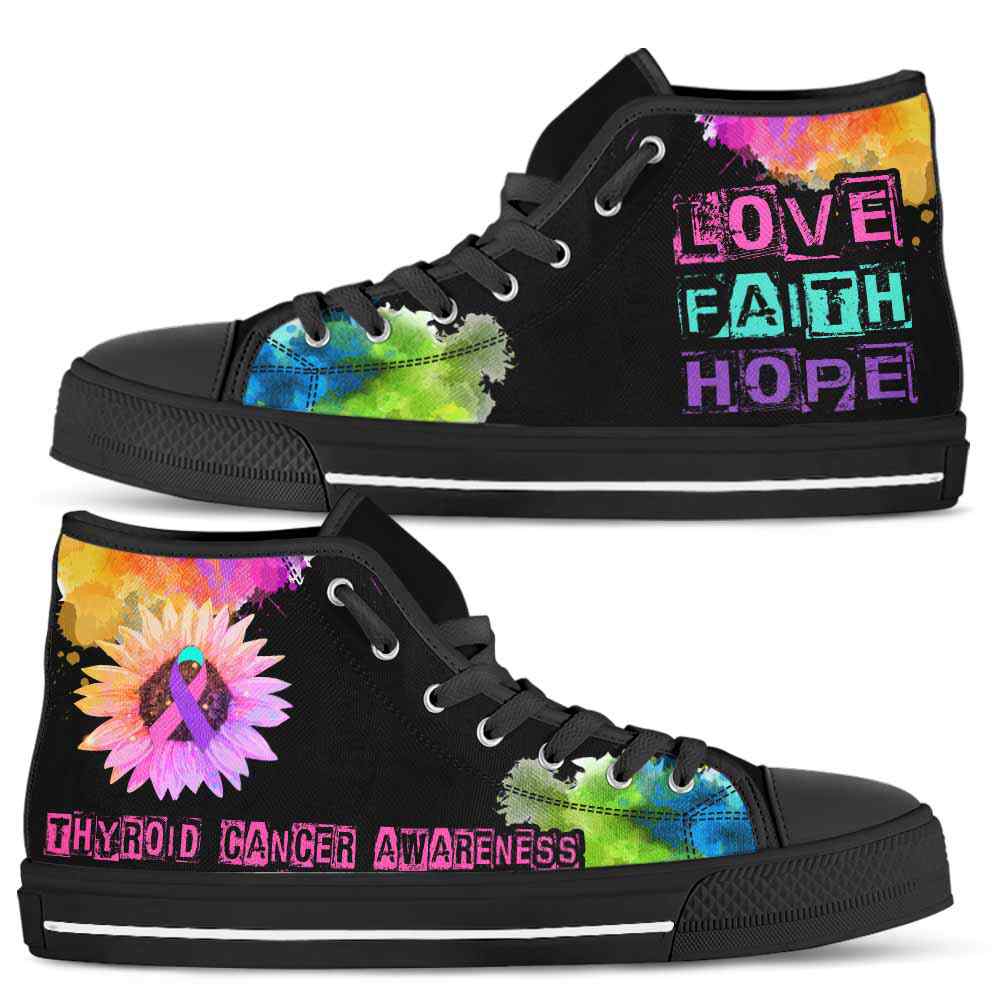 HTS-U-Awareness-LoveFaithHopeWatercolor-Thyroid_Cancer-41@ Love Faith Hope Watercolor Thyroid Cancer 41-Thyroid Cancer Awareness Ribbon Watercolor High Top Shoes. Faith Hope Love Fighter Survivor Gift.