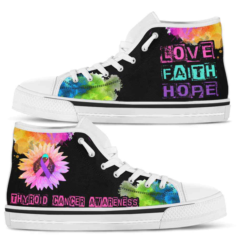 HTS-U-Awareness-LoveFaithHopeWatercolor-Thyroid_Cancer-41@ Love Faith Hope Watercolor Thyroid Cancer 41-Thyroid Cancer Awareness Ribbon Watercolor High Top Shoes. Faith Hope Love Fighter Survivor Gift.