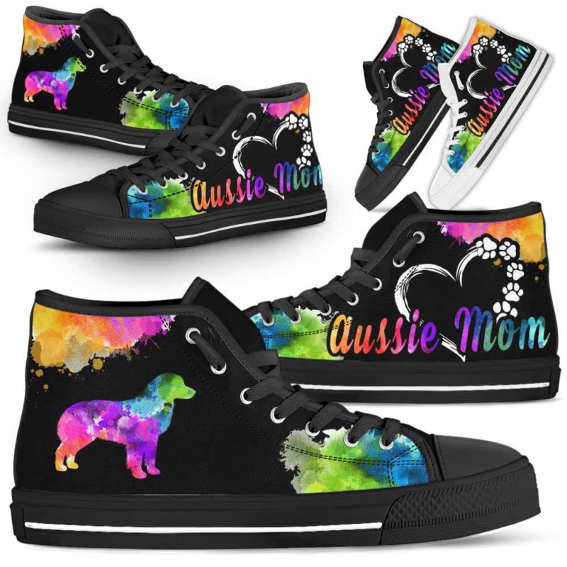 HTS-U-Dog-WatercolorDogMom-Aussie-0@ Watercolor Dog Mom Aussie 0-Aussie Mom Dog Lovers Watercolor High Top Shoes Gift Women. Dog Mom Colorful Custom Shoes. Australian Shepherd