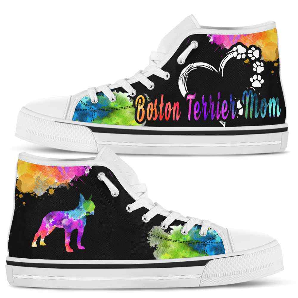 HTS-U-Dog-WatercolorDogMom-Boston_Terrier-3@ Watercolor Dog Mom Boston Terrier 3-Boston Terrier Mom Dog Lovers Watercolor High Top Shoes Gift Women. Dog Mom Colorful Custom Shoes.