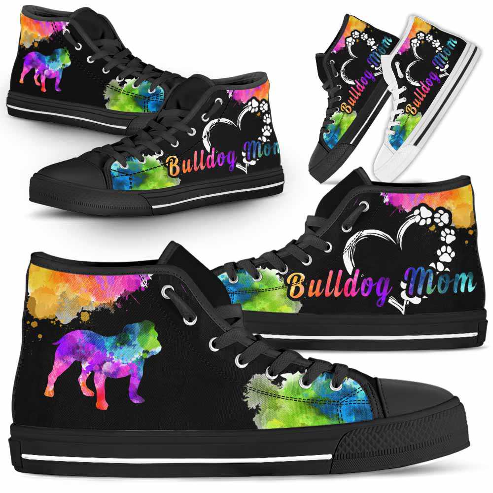 HTS-U-Dog-WatercolorDogMom-Bulldog-6@ Watercolor Dog Mom Bulldog 6-Bulldog Mom Dog Lovers Watercolor High Top Shoes Gift Women. Dog Mom Colorful Custom Shoes.