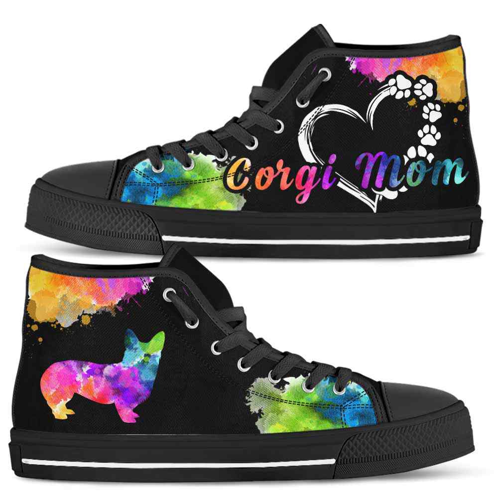 HTS-U-Dog-WatercolorDogMom-Corgi-8@ Watercolor Dog Mom Corgi 8-Corgi Mom Dog Lovers Watercolor High Top Shoes Gift Women. Dog Mom Colorful Custom Shoes.