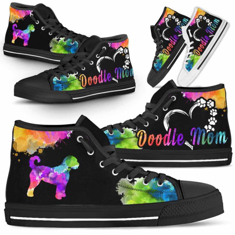 HTS-U-Dog-WatercolorDogMom-Doodle-10@ Watercolor Dog Mom Doodle 10-Doodle Mom Dog Lovers Watercolor High Top Shoes Gift Women. Dog Mom Colorful Custom Shoes.