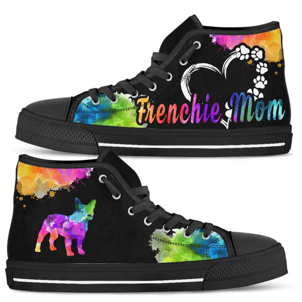 HTS-U-Dog-WatercolorDogMom-Frenchie-11@ Watercolor Dog Mom Frenchie 11-Frenchie Mom Dog Lovers Watercolor High Top Shoes Gift Women. Dog Mom Colorful Custom Shoes.