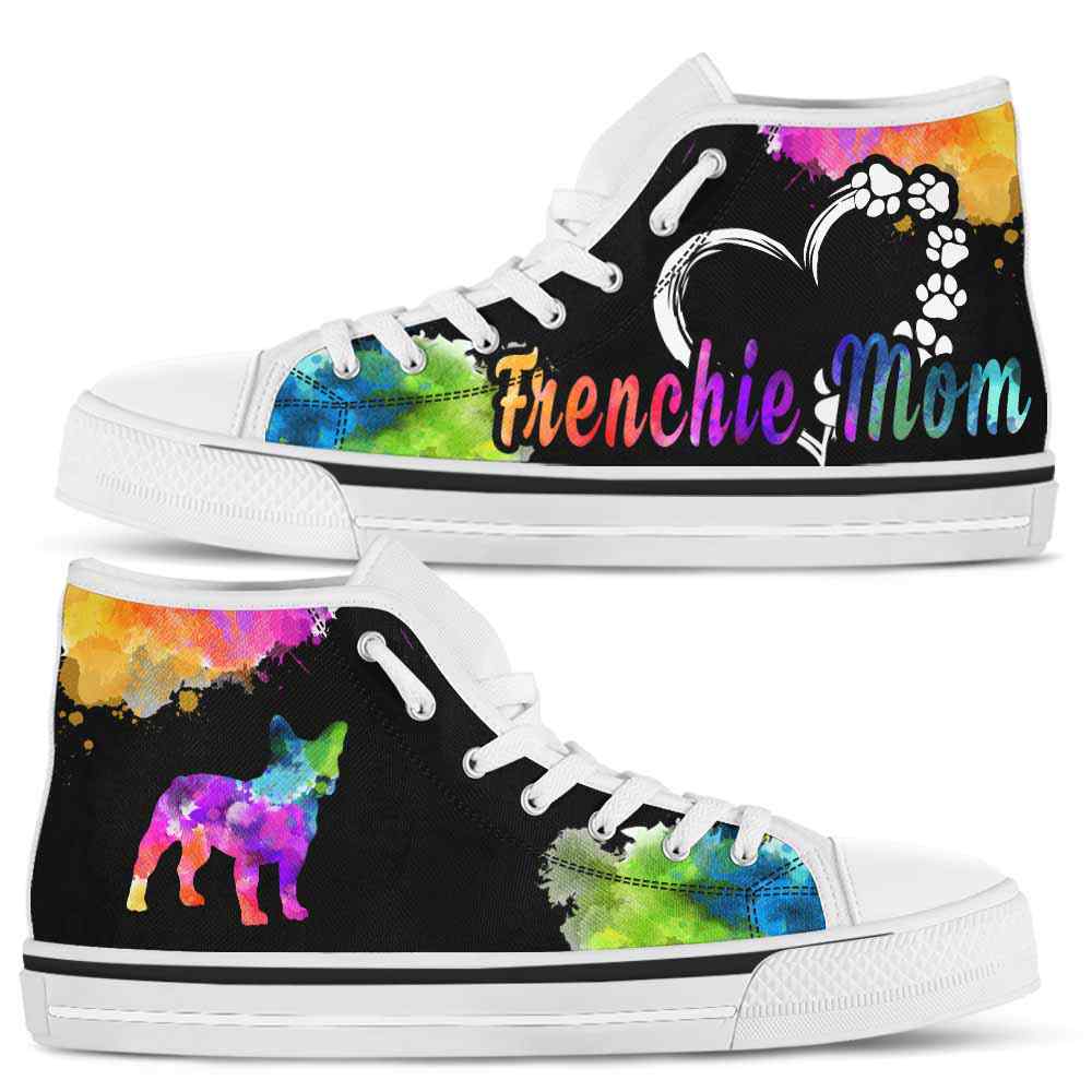 HTS-U-Dog-WatercolorDogMom-Frenchie-11@ Watercolor Dog Mom Frenchie 11-Frenchie Mom Dog Lovers Watercolor High Top Shoes Gift Women. Dog Mom Colorful Custom Shoes.