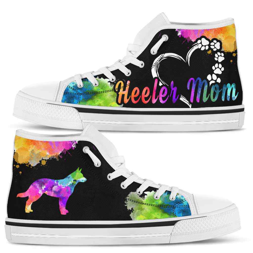 HTS-U-Dog-WatercolorDogMom-Heeler-15@ Watercolor Dog Mom Heeler 15-Heeler Mom Dog Lovers Watercolor High Top Shoes Gift Women. Dog Mom Colorful Custom Shoes. Australian Cattle