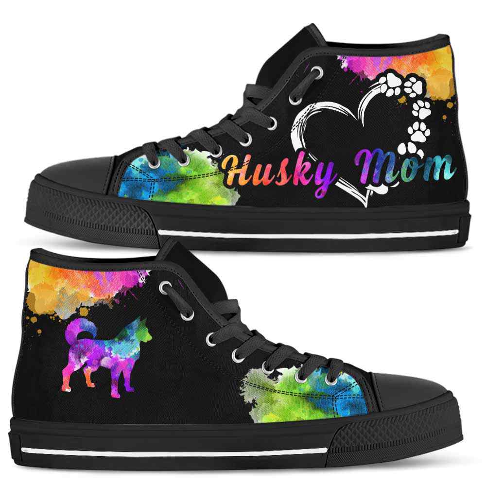 HTS-U-Dog-WatercolorDogMom-Husky-16@ Watercolor Dog Mom Husky 16-Husky Mom Dog Lovers Watercolor High Top Shoes Gift Women. Dog Mom Colorful Custom Shoes.
