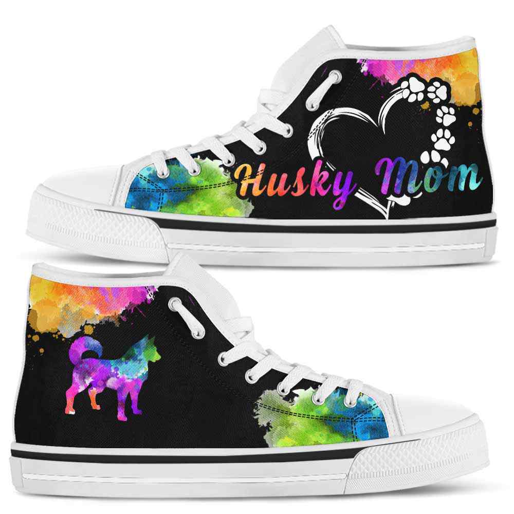 HTS-U-Dog-WatercolorDogMom-Husky-16@ Watercolor Dog Mom Husky 16-Husky Mom Dog Lovers Watercolor High Top Shoes Gift Women. Dog Mom Colorful Custom Shoes.